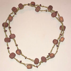 Vintage Brown Wooden Beaded Cord Chain Boho Necklace